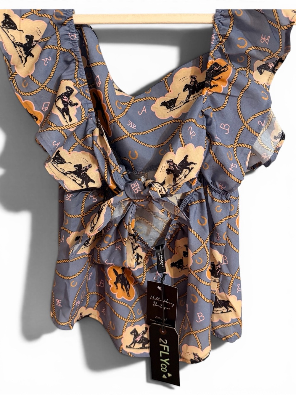 Women's Slate Blue Equestrian Print Ruffle Tank Top - Picture 4 of 5